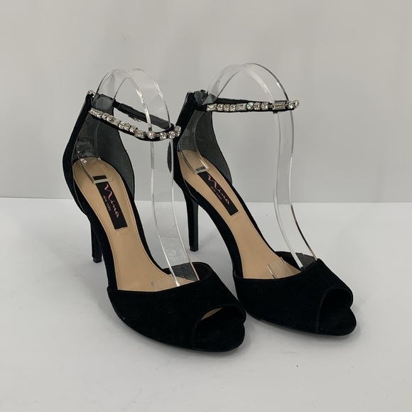 Nina black suede sandal heel shoe peeptoe clear crystal ankle strap formal 8.5 - Picture 2 of 6